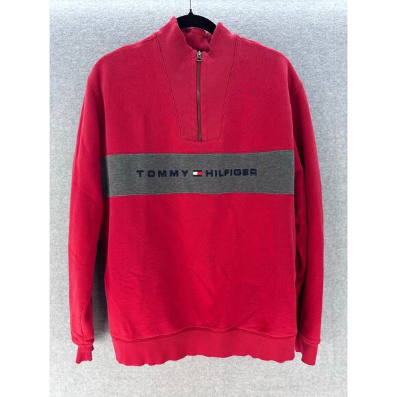 Vintage Tommy Hilfiger Men's sz L Y2K Classic Red and Grey Pullover Quarter Zip - Picture 1 of 14